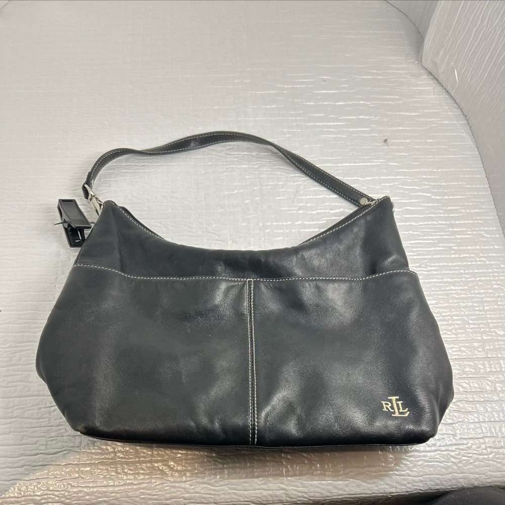 Vintage LAUREN Ralph Lauren Black Leather Small Hobo Shoulder Bag Purse Handbag
